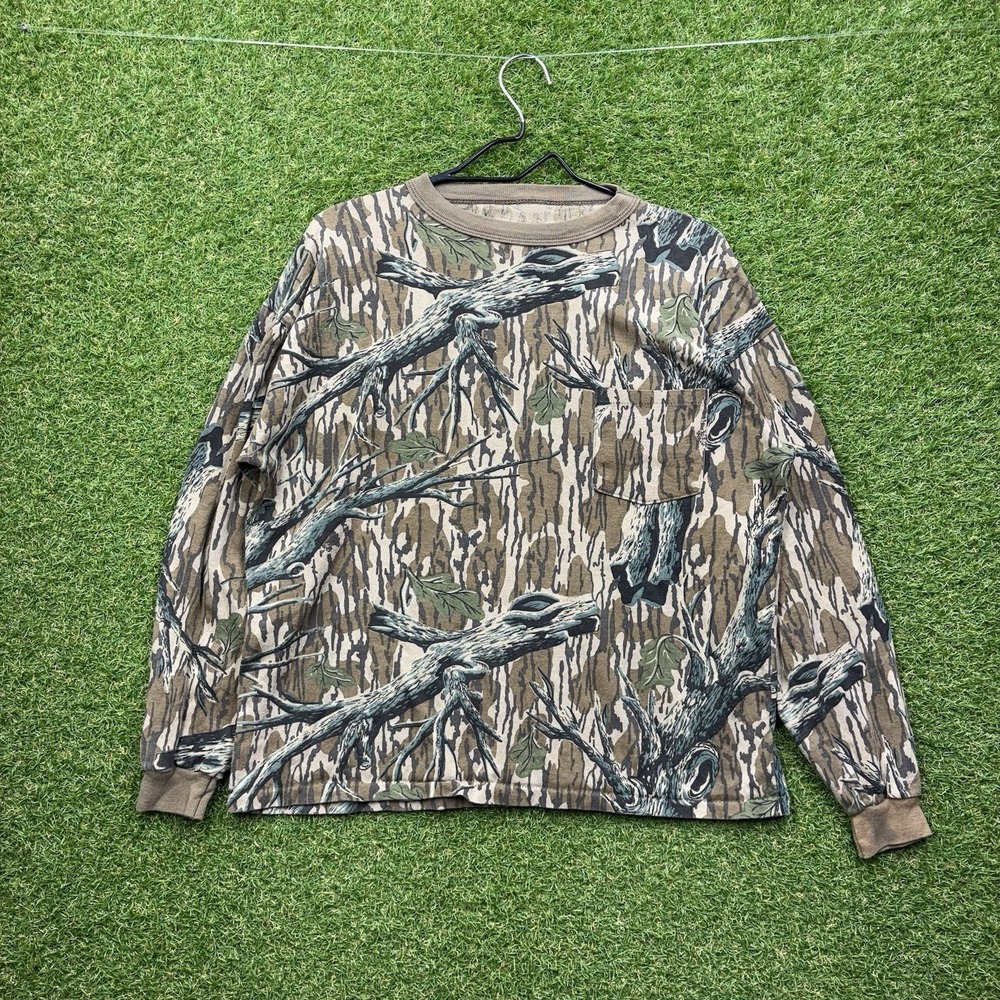 Vintage 80s Tree Bark Camo Long Sleeve Shirt Mens Large Pocket Single Stitch USA